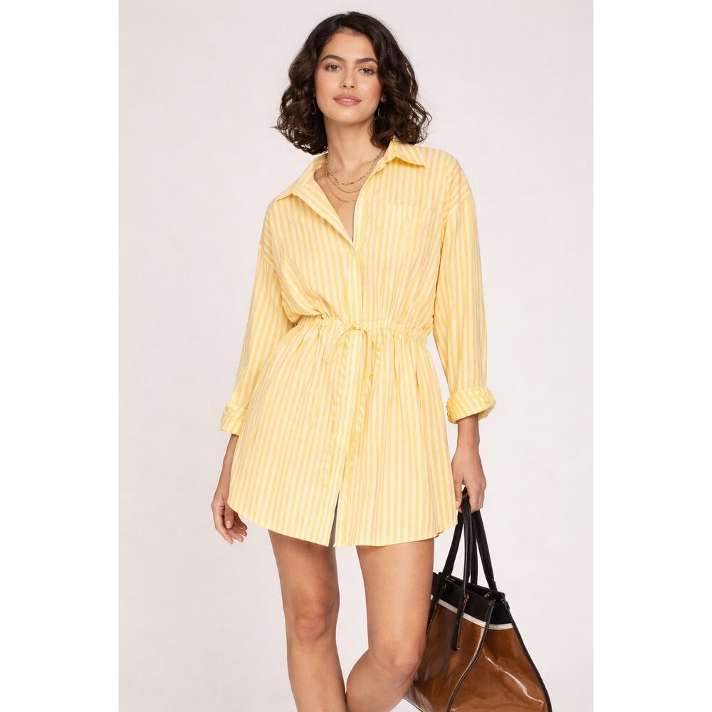 pistola Yellow Striped Drawstring Shirt Dress